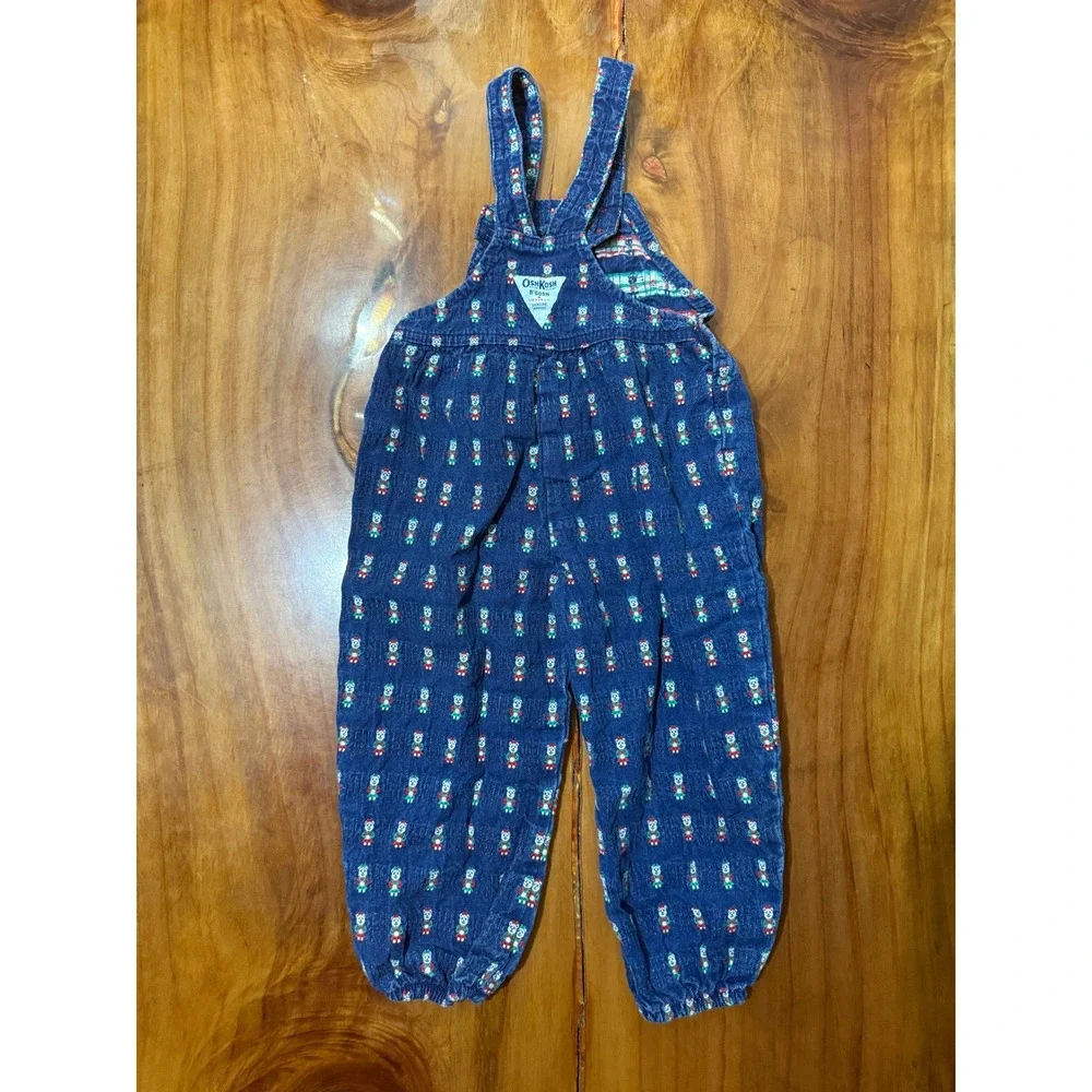 Vintage Oshkosh Overalls 5T Christas Teddy Bear USA Cotton Pants W4-9
